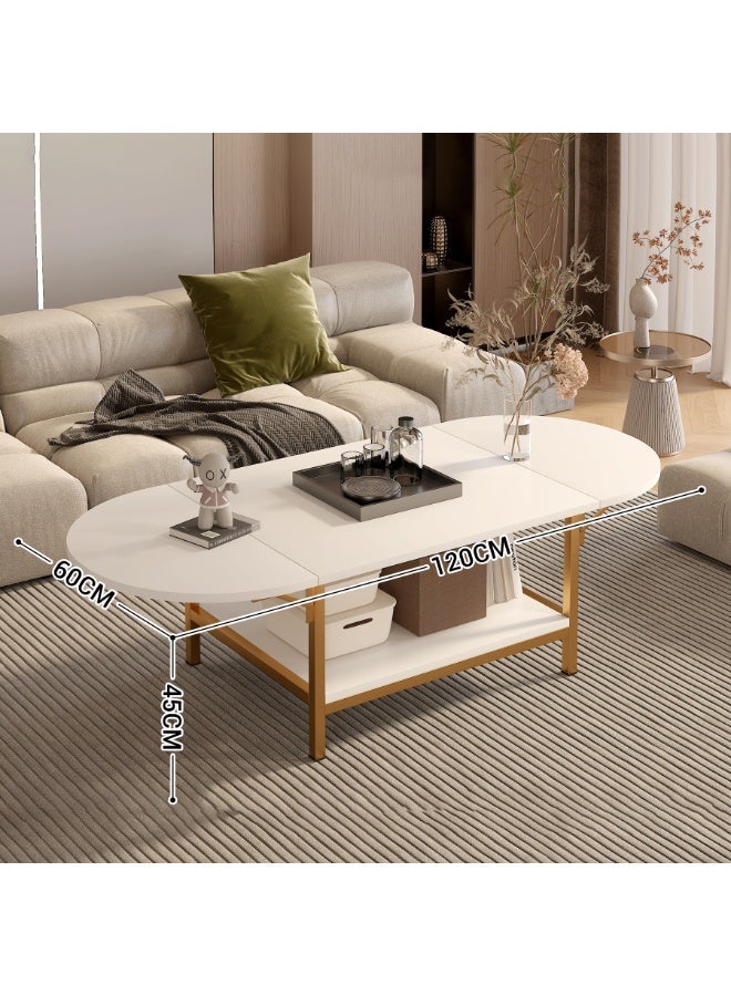 Folding Coffee Table with Storage Shelf, Extendable Oval Center Table with Gold Metal Frame, Modern 2-Tier White Coffee Table for Living Room, Office（CJ034） - Image 3